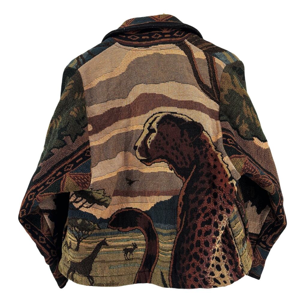 Vintage African Safari Tapestry Jacket Outta The Bag Large Cheetah Boxy Artsy